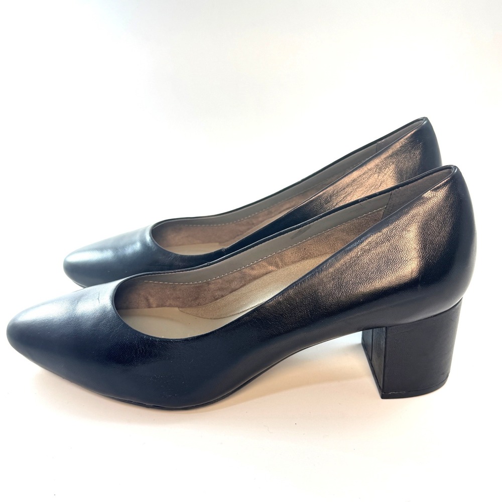 Aerosoles Silver Star Black‎ Leather Block Heel Pumps Round Toe Womens 9.5M